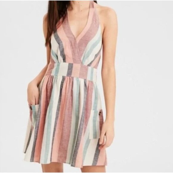 American Eagle Outfitters Dresses & Skirts - American Eagle Babydoll Halter Dress Size M Striped Empire Waist Beachy Boho